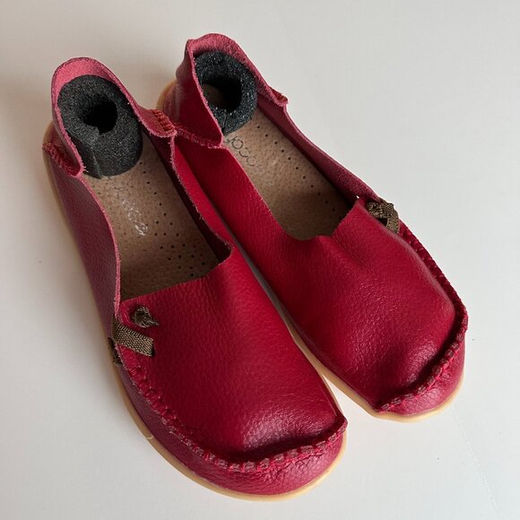 Womens Socofy SlipOn Shoes, Size 38, US7.5 Red Genuine Leather Driving Moccasins - Picture 2 of 8
